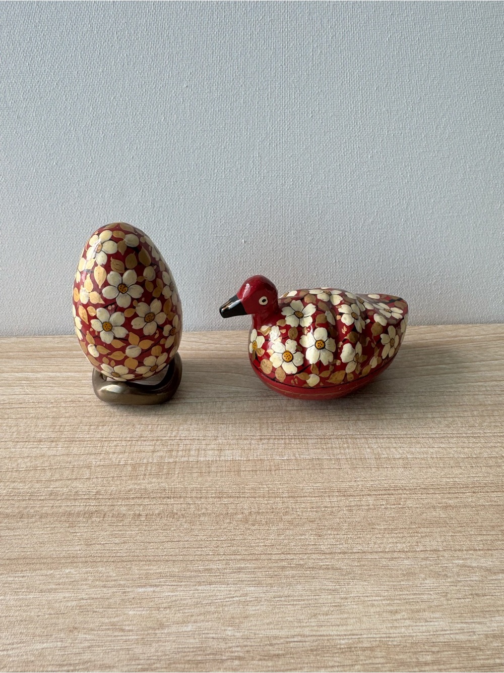 Vintage Hand Painted Kashmiri Lacquer Duck Trinket Box + Decorative Egg Box Set